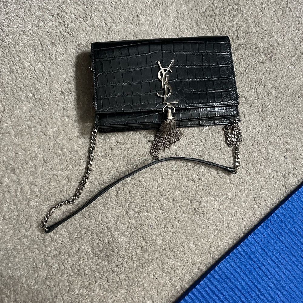 Yves Saint Laurent Black Croc-Embossed Crossbody Bag